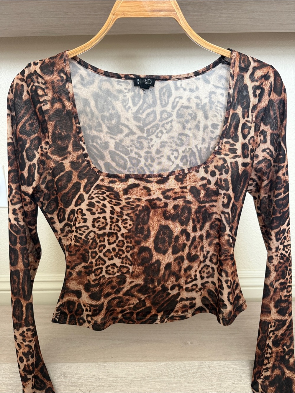 NBD Leopard-Print Long Sleeve Scoop Neck Top - Brown